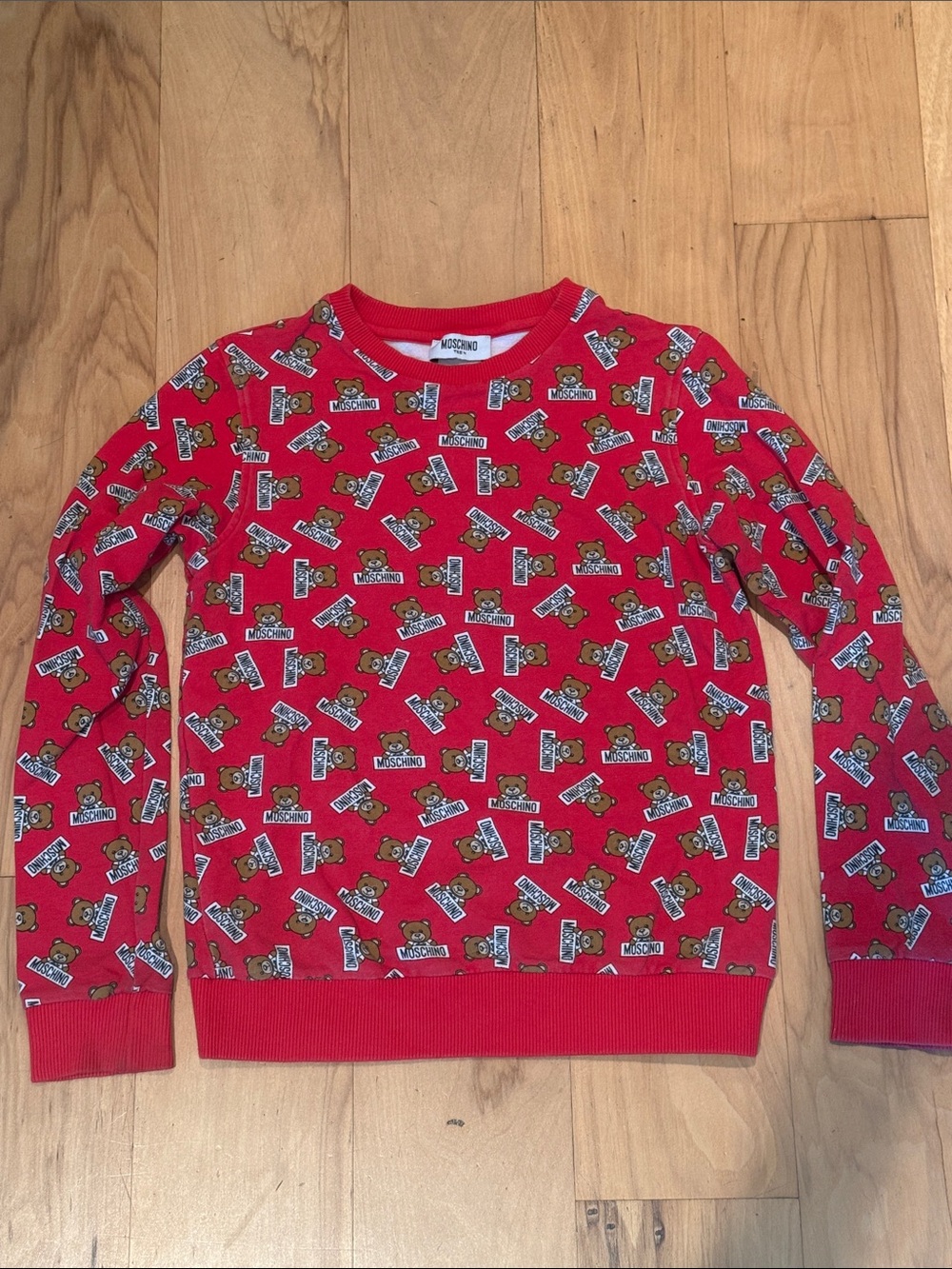 MOSCHINO Kids Red Teddy Logo All-Over Sweatshirt Size 12-13